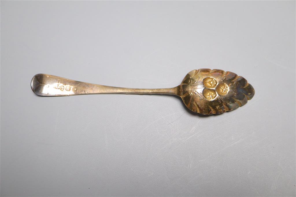 A matched set of six George III silver berry teaspoons, Alice & George Burrows, London, 1806 and George Wintle, London, 1804,